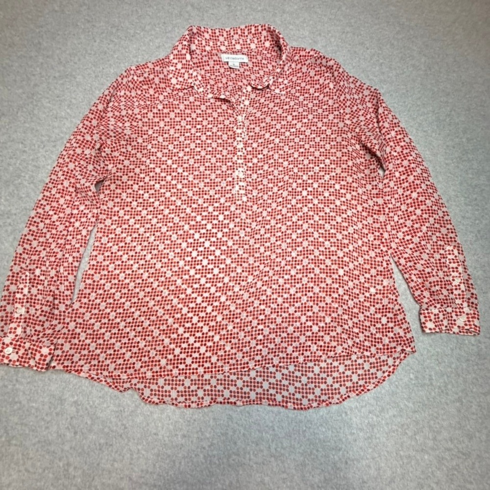 Liz Claiborne Womens XL Red Orange Geometric Dot Print Button Front Blouse Top